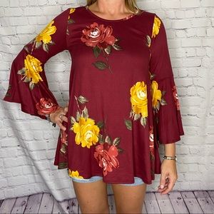 Merlot floral 3/4 bell sleeve top